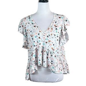 Altar'd State Cream White Polkadot Flutter Sleeve Tip, Size S